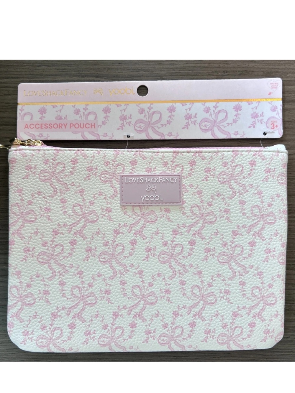 New - LoveShackFancy Pink Coquette Gold Bow Zipper Pouch/Wristlet w Strap